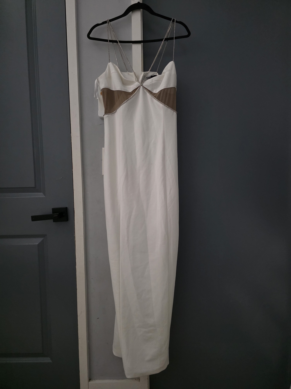 Chain-Strap White Maxi Dress with Beige Contrast